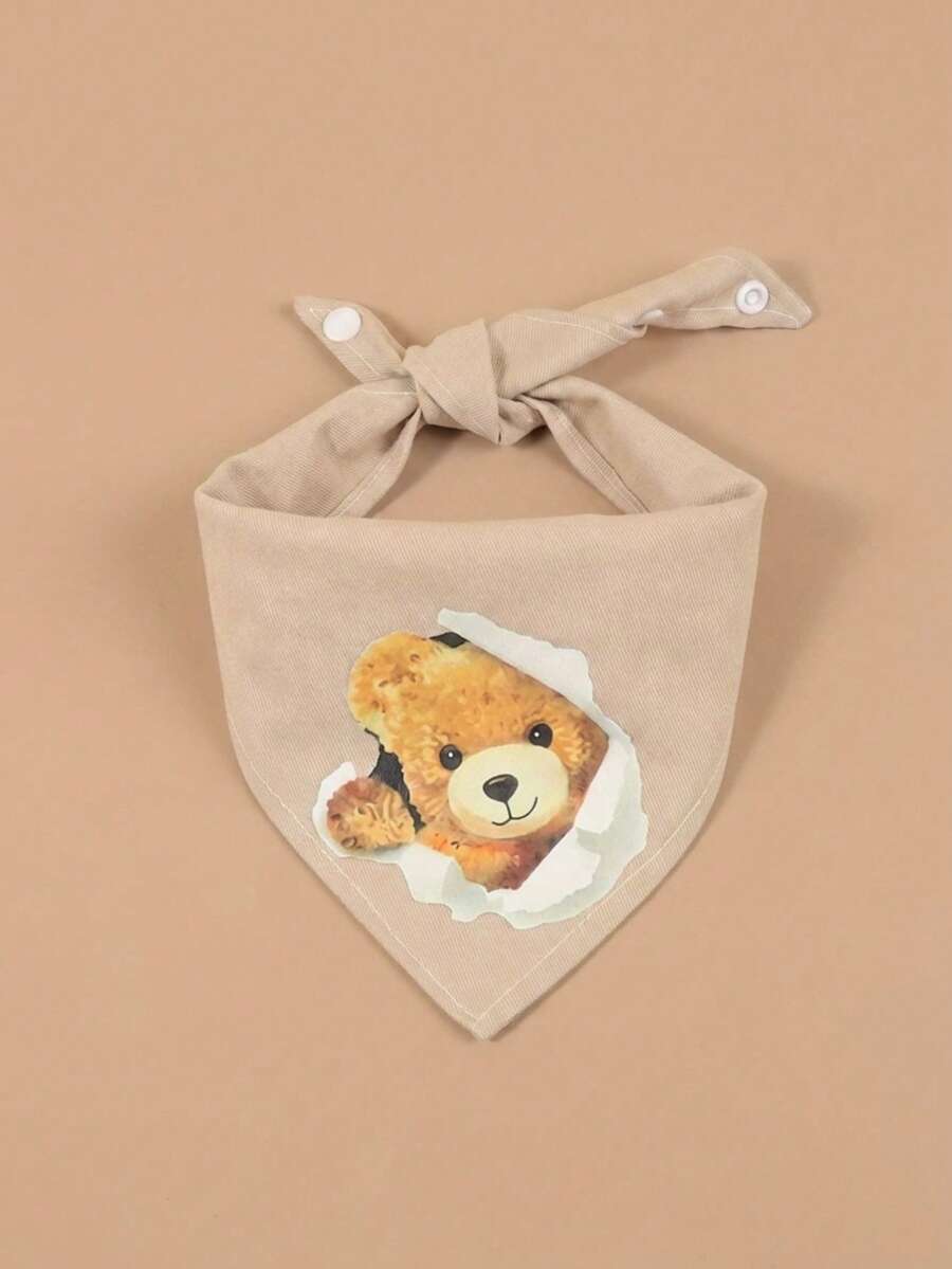 Comfortable Soft Polyester Pet Scarf, Khaki Background With Teddy Bear Pattern, Dog Accessory, Pet Supplies, Happy Dog, With Cartoon Print, Suitable For Cats And Dogs For Indoor Or Outdoor Use - Khaki - View 1