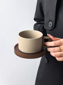 1組極簡陶瓷咖啡杯與杯碟，復古美式風格迷人下午茶拿鐵咖啡杯，搭配6英吋溝紋竹製杯墊，簡約優雅，適用於咖啡、茶、休閒飲用 - 彩色 - 查看 7