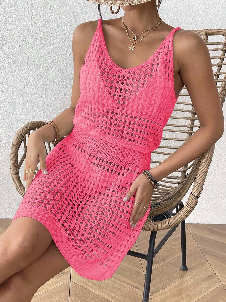Sexy Knit Dress For Women 2026, Beach Dress With V-Neck And Openwork Details That Defines The Waist, Ideal As A Bikini Cover-Up - 粉色 - 查看 1