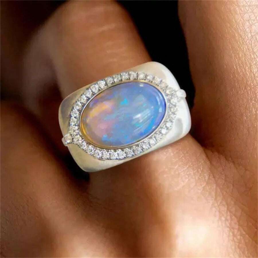 Anillo ovalado elegante de estilo bohemio, con micro-incrustación de circonita sintética, versátil para todas las ocasiones, fiestas, regalos creativos de joyería - Plateado - Ver 1