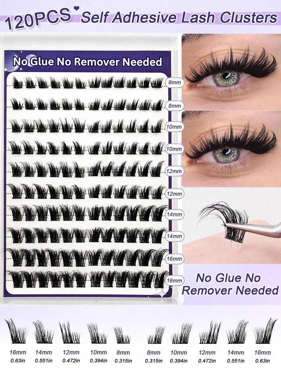 120 Pcs Bulu Mata Gugus Lengkung C Perekat Sendiri Tampilan Mata Rubah Ekstensi Bulu Mata Tempel DIY Bulu Mata Gugus yang Dapat Digunakan Kembali Tanpa Residu Tanpa Sisa Lengket Aplikasi Sendiri di Rumah 8-16mm - Hitam - View 1