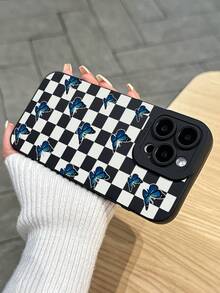 格子手機殼 1件裝 黑白棋盤格藍色蝴蝶手機殼 360°全方位保護 TPU 磨砂霧面手機殼，相容 iPhone 17 Pro Max、 13、 15、 16 Pro Max、 16 及 Galaxy 手機，可愛手機保護殼，Y2K 配件，手機配件，快速出貨，可作為禮物或個人使用 - 彩色 - 查看 4