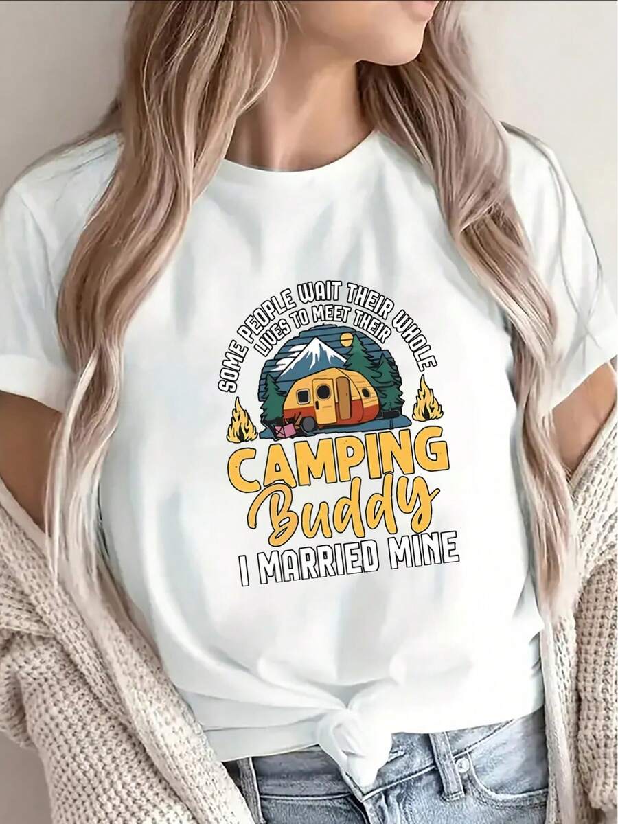 1 camiseta ligera y duradera, con un divertido diseño de compañero de camping, es perfecta para actividades al aire libre y como ropa casual para mujer, lo que la convierte en un excelente r - Blanco - Ver 1