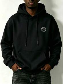 1pc Men's Plus Size Graphic Print Hoodie, Suitable For Casual Outings And Street Wear, Autumn/Winter Sweatshirt - Black - View 2