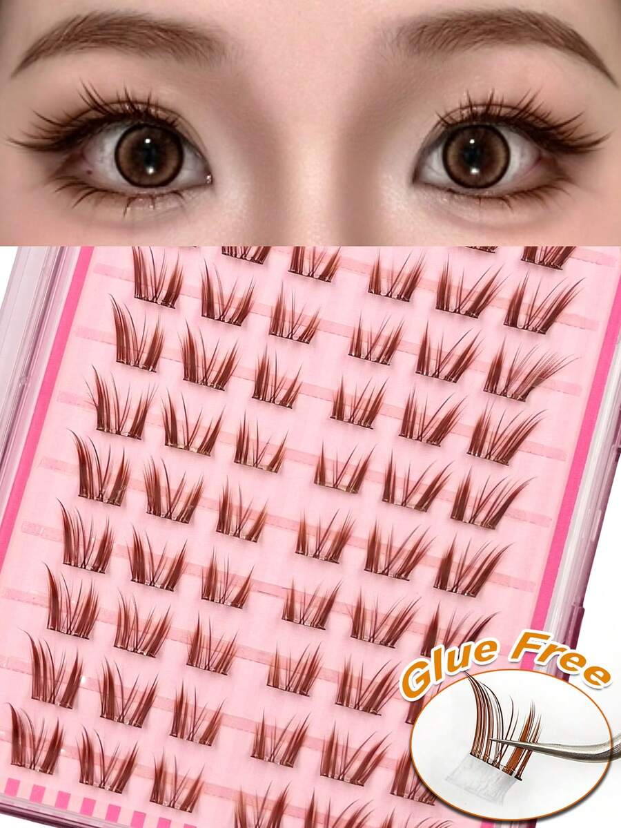 Sibeuna 60 Clusters Brown/Black Self-Adhesive False Eyelashes C Curl Natural Look Lightweight Soft Voluminous Feather-Like Suitable For Beginners Travel Essential - C - View 1