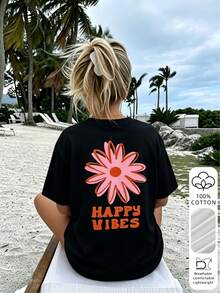 Damen Sommer 100% Baumwolle Vintage Cartoon Blumenmuster Kurzarm T-Shirt, Retro Rundhals Rückendruck Lässig Alltag Streetwear Top Urlaub Schwarz - Schwarz - Übersicht 6