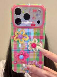 春季彩色 3D 花朵手機殼，適用於 iPhone 18 Pro Max 18 Pro 18 17 Pro Max 17 Pro 17 16 Pro Max 16 Pro 16 15 Pro Max 15 Pro 15 14 Pro Max 14 Pro 14 13 Pro Max 13 Pro 13，時尚耐用手機配件保護殼，可愛花卉禮物，適合科技愛好者與時尚女孩 - 星星格子 - 查看 1