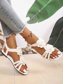 Fashion Women's Floral Decor Flat Sandals, Bohemian Style Plus Size Low Heel Open Toe Roman Sandals, Elegant And Comfortable, Suitable For Casual, Vacation, Wedding, Matching With Dresses - Apricot - View 4