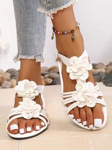Fashion Women's Floral Decor Flat Sandals, Bohemian Style Plus Size Low Heel Open Toe Roman Sandals, Elegant And Comfortable, Suitable For Casual, Vacation, Wedding, Matching With Dresses - Apricot - View 2