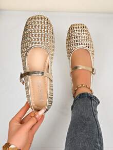 Zapatos planos de moda para mujer, diseño de hebilla calada, cómodos de llevar, adecuados para viajes, vacaciones, Día de la Madre, bailarinas - Plateado 3 - Ver 1