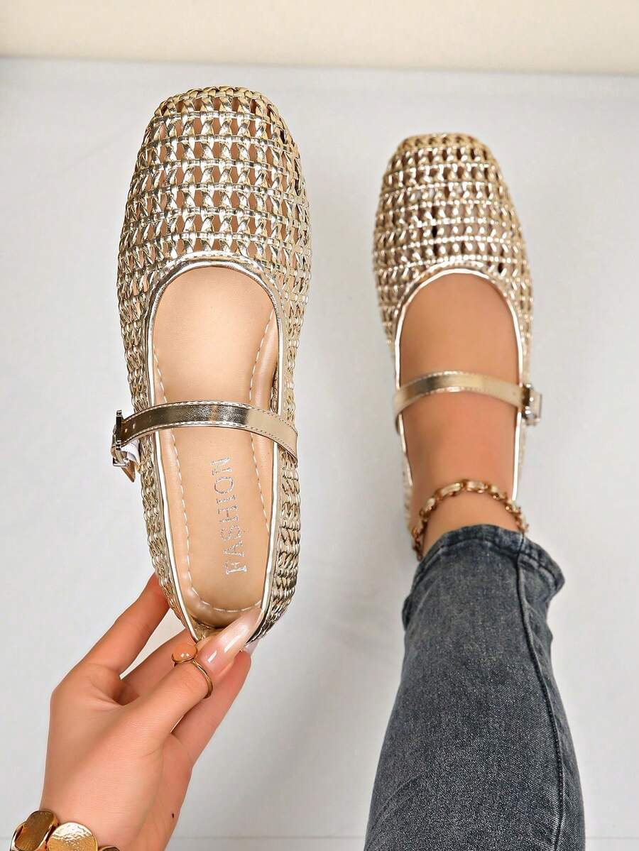 Zapatos planos de moda para mujer, diseño de hebilla calada, cómodos de llevar, adecuados para viajes, vacaciones, Día de la Madre, bailarinas - Plateado 3 - Ver 1
