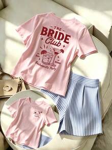 大尺碼女款短袖T恤「Bride Club」/單身女郎派對主題圖案T恤，女款夏季上衣，度假風休閒服飾 - 粉色 - 粉色 - 查看 11