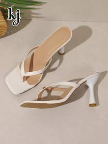 Women's High Heel Sandals, Non-Slip Slimming Soft Sole Printed Square Toe Thong Strap Kitten Heel Slippers, Flip Flops - White - View 9