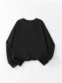 Cat Print Round Neck Sweatshirt, Plus Size Women's Casual Autumn/Winter Long Sleeve Sweatshirt Black - Black - View 2