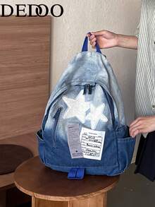 Dedoo Washed Denim Backpack With Star Patch Label Detail, Y2K Punk Style Large Capacity Casual Daily Backpack, Suitable For Teenagers' Everyday Streetwear - Multicolor - View 8