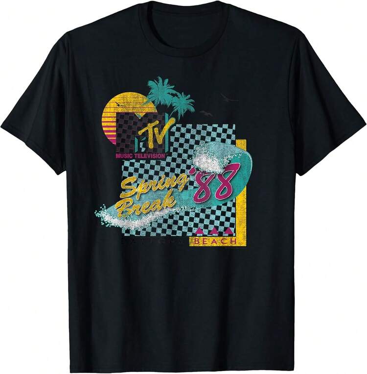 Camiseta unisex de manga corta, camiseta con estampado vintage de surf de Spring Break '88, y2k, ropa deportiva, , fuera del campus, gimnasio, verano, blusas casuales, - Negro - Añade 1