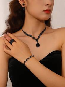 4pcs Dark Gothic Style Gunmetal Alloy Black Crystal Floral Water Drop V-Shaped Jewelry Set, Women's Black Dress Accessories, Jewelry For Women, Women's Necklace, Women's Bracelet, Women's Earrings, Women's Ring, Women's Accessories, Women's Jewelry Set, Summer - Multicolor - View 7