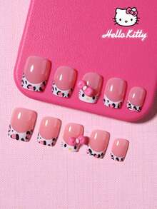 Sanrio Hello Kitty 24片短方型3D豹紋與奶牛印花法式穿戴甲，Hello Kitty與粉色蝴蝶結設計，完美貼合壓克力假指甲套組，含1片果凍膠與1片指甲锉，適合女孩日常與派對使用 - 彩色 - 查看 2