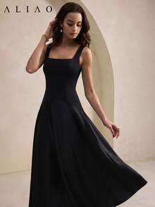 ALIAO Damen Herbst/Winter Satin Quadratischer Ausschnitt Ärmellos geschwungene Taille ausgestelltes Kleid, eleganter formeller Stil, Ausgehen Partykleid Schwarz Sommer - Schwarz - Übersicht 7
