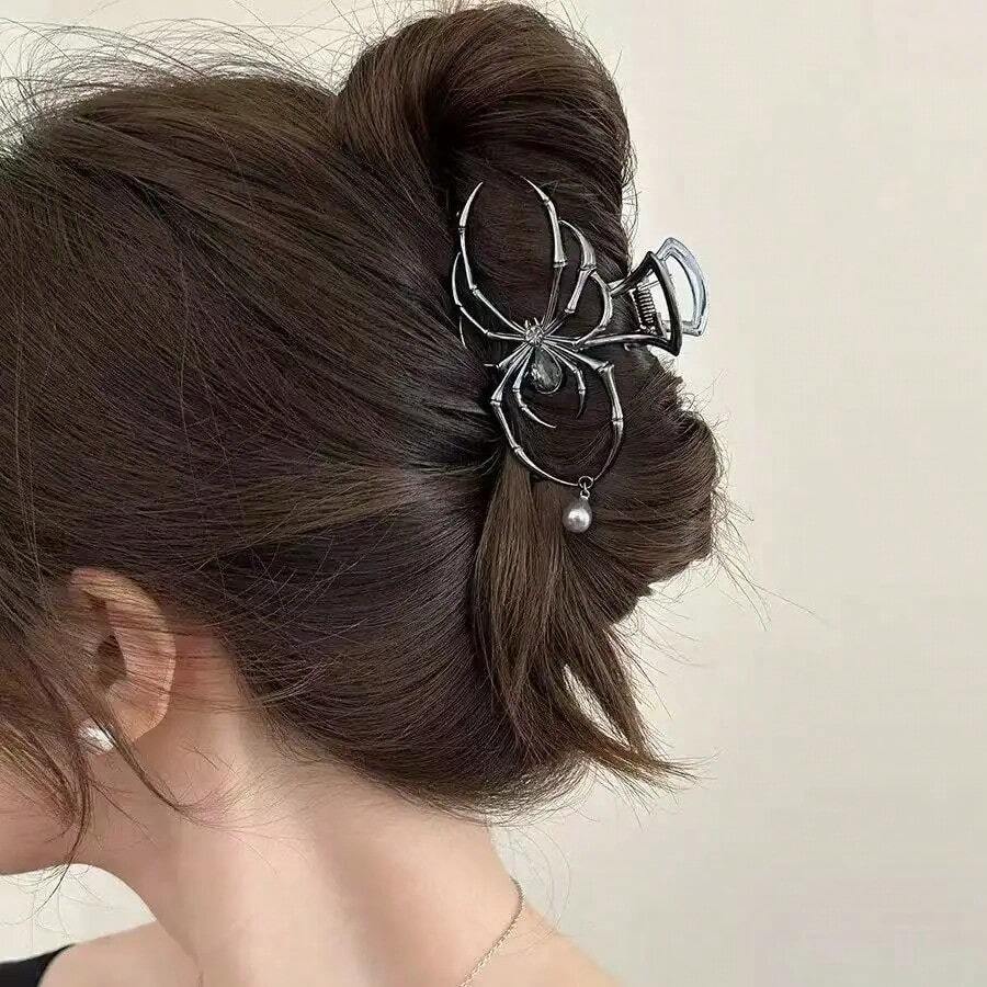 Pinza para el pelo personalizada para mujer, diseño de garra de araña con calavera de Metal de aleación de perlas de imitación y diamantes de imitación para uso diario - Negro - Ver 1