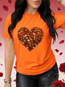 Valentine's Day Sweater With A Heart Print, Perfect For Spring And Fall. This Eye-Catching Short-Sleeved T-Shirt Is Suitable For Holidays, Dates, Parties, And Social Occasions. SCUY - 橘色 - 查看 1