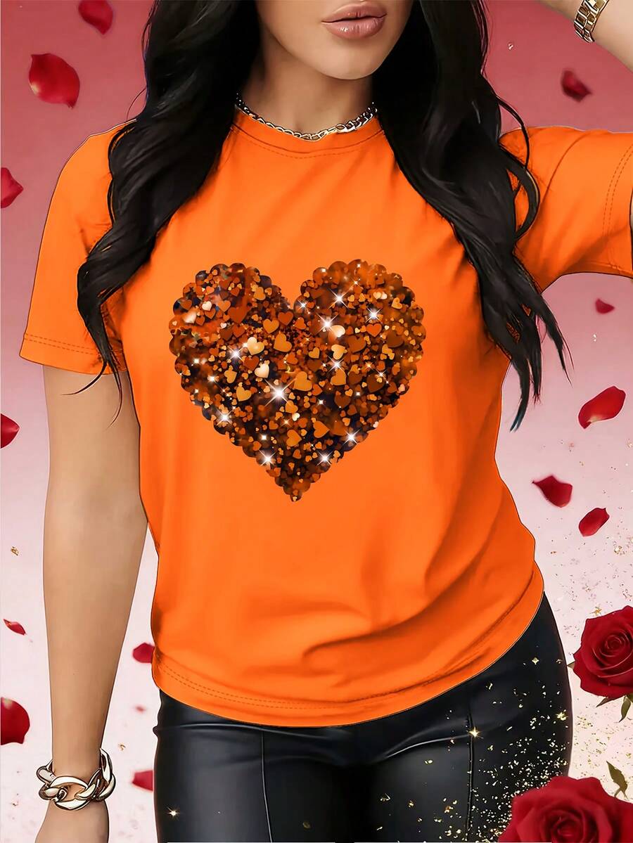 Valentine's Day Sweater With A Heart Print, Perfect For Spring And Fall. This Eye-Catching Short-Sleeved T-Shirt Is Suitable For Holidays, Dates, Parties, And Social Occasions. SCUY - 橘色 - 查看 1