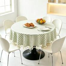 1pc Round Striped Tassel Tablecloth, Fresh Pastoral Style Table Decor, Green Striped Dust-Proof Tablecloth With Tassels, Home Tablecloth, Suitable For Picnic Or Holiday Party, Room Decoration, Kitchen Decoration, Home Decor. - Green - View 8