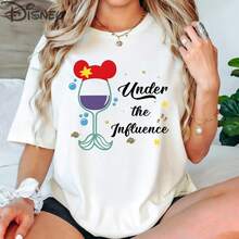 Disney Ariel Mermaid Tail Wine Glass Under The Influence Cotton T-Shirt, Men Women Vacation Casual Top - White - View 1