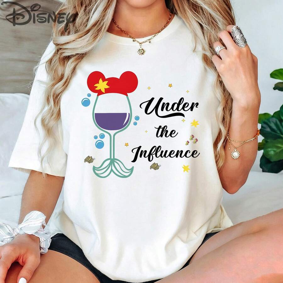 Disney Ariel Mermaid Tail Wine Glass Under The Influence Cotton T-Shirt, Men Women Vacation Casual Top - White - View 1