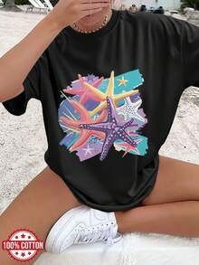 Y2K Women's Casual Summer T-Shirt, Watercolor Style, Starfish Print, Fashionable, Vacation, Casual, Loose Fit, Round Neck, Printed, Short Sleeve, 100% Cotton - 白色 - 查看 8