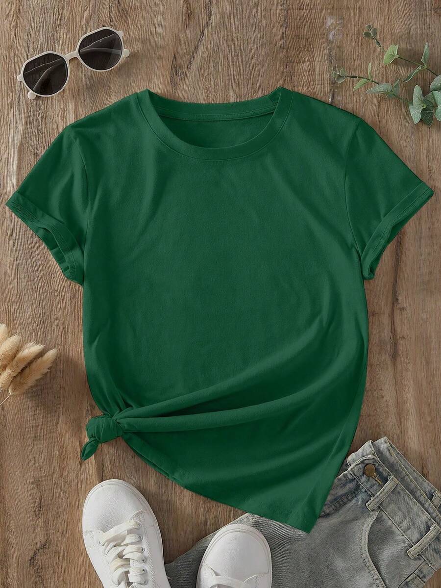 Plain Round Neck T-Shirt - Dark Green - View 1