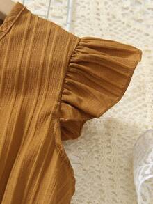 Tween Girls Jumpsuit 2025 Summer Fashion New Style Minimalist Casual Solid Color Flutter Sleeve Long Pants With Belt - Brown - View 3