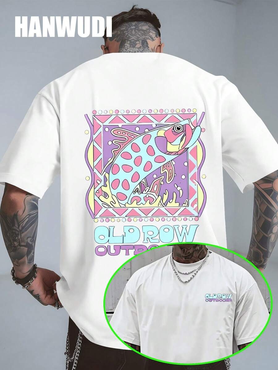 Camiseta Corta Para Hombre, Old Row Outdoors, Estampado Gráfico De Trucha Pastel, Diseño Retro De Pesca, Camiseta Casual De Manga Corta Para Entusiastas Del Aire Libre Y Ropa Urbana - Blanco - Ver 1