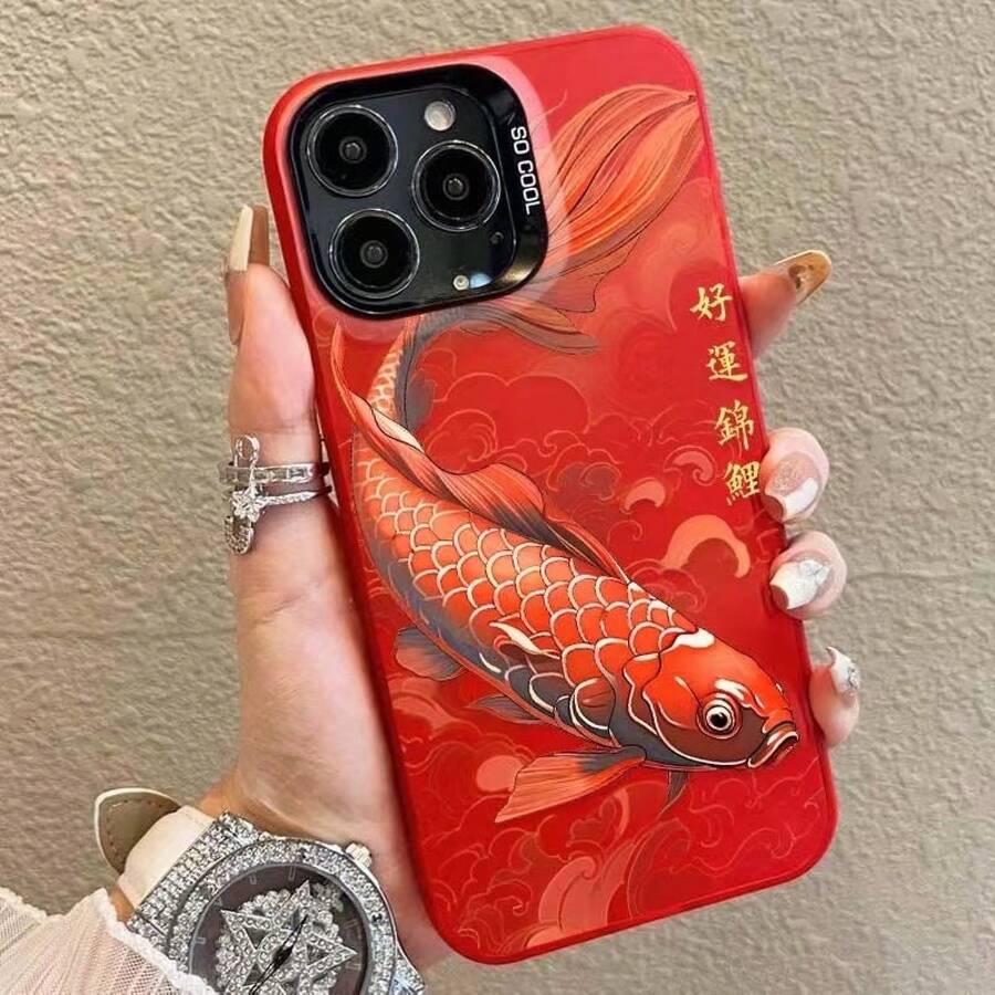 Lucky Koi Fish Case For Apple 15Pro, New 16 Protective Cover, 14Pro Fortune 13 Premium - 彩銀殼-紅色-好運錦鯉 - 查看 1