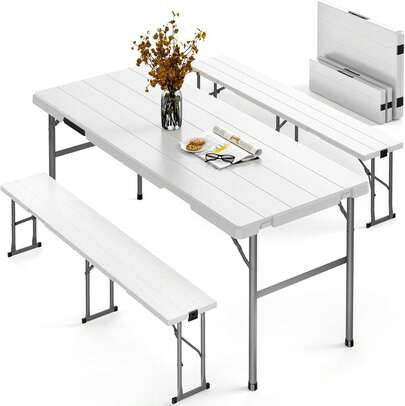 Six Foot Folding Picnic Table With Two Benches Set, Portable Plastic Camping Desk And Foldable Bench Seating Framework For Outdoor Backyard BBQ Party Wedding Dinner, White