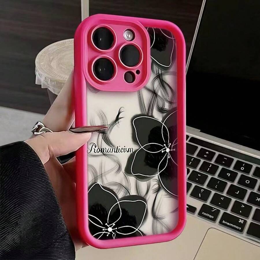 Ink Flower Case Suitable For Apple 15 Pro Max,  16 New Model, 14 Premium, 13 European And American Style, 1217 - 金剛砂-玫紅-水墨花(superb) - 查看 1