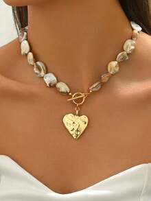 pieza de collar de conchas marinas naturales hecho mano con colgante de estrella de mar en tono dorado, collar de estilo oceánico la moda, adecuado para mujeres, vacaciones, fiestas y - Pieza de concha + forma de corazón - Ver 4