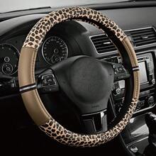 Leopard Print PU Leather Rhinestone Inlaid Patchwork Car Steering Wheel Cover, Non-Slip Wear-Resistant Inner Ring Grip, Fits 15inch Car, Unisex, Car Interior Accessory - Multicolor - View 4