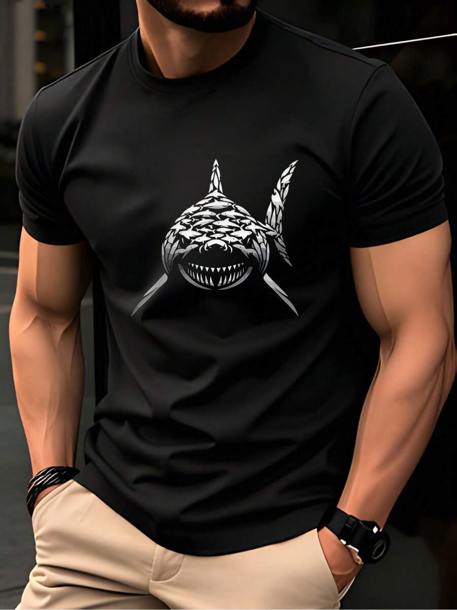 Men's T-Shirt, Men's Summer Sports T-Shirt, Micro-Stretch Knit Fabric, Printed T-Shirt, Regular Fit, Micro-Stretch Clothing, Graphic Print T-Shirt, Casual Style - 黑色 - 查看 1