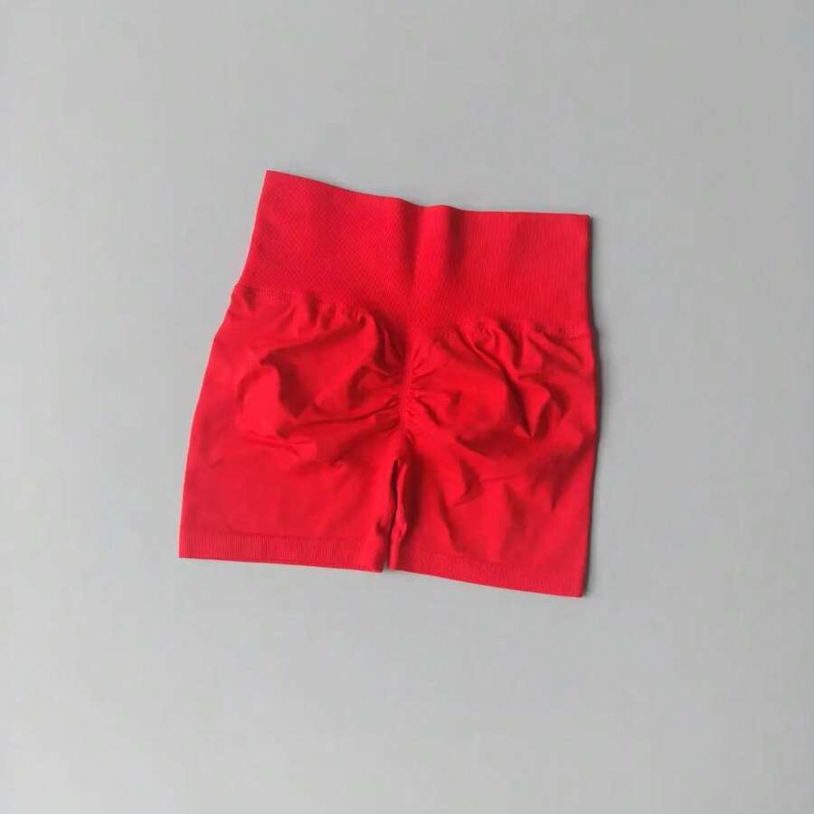 Peach Yoga Shorts For Girls, High Waisted Crisscross Shorts, Snap Knit, Running, Sports, Elastic, Tummy Lift, Butt-Skimming Shorts - 中國紅 - 查看 1