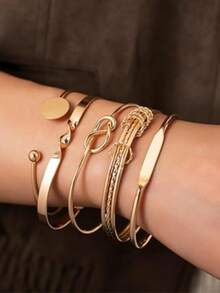 5 piezas/Set Brazalete de Estilo Bohemio Ajustable y Abierto, Puede Usarse Como Regalo de Joyería - Dorado - Ver 6