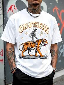 Men's Loose Fit T-Shirt, Full Skeleton Print Riding A Roaring Tiger With Night Sky, Half Moon And Stars, Vintage Bow Text, Western Retro Gothic Streetwear Style. - 白色 - 查看 6