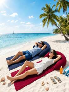 Inflatable Headrest Beach Mat,Foldable Inflatable Beach Mat, Suitable For Outdoor Camping, Portable Foldable Sandproof Suitable For Sunbathing, Picnic & Poolside Bed Pad, Adhesive Fiber Moisture-Resistant Mat For Travel For Use - Multicolor - View 1