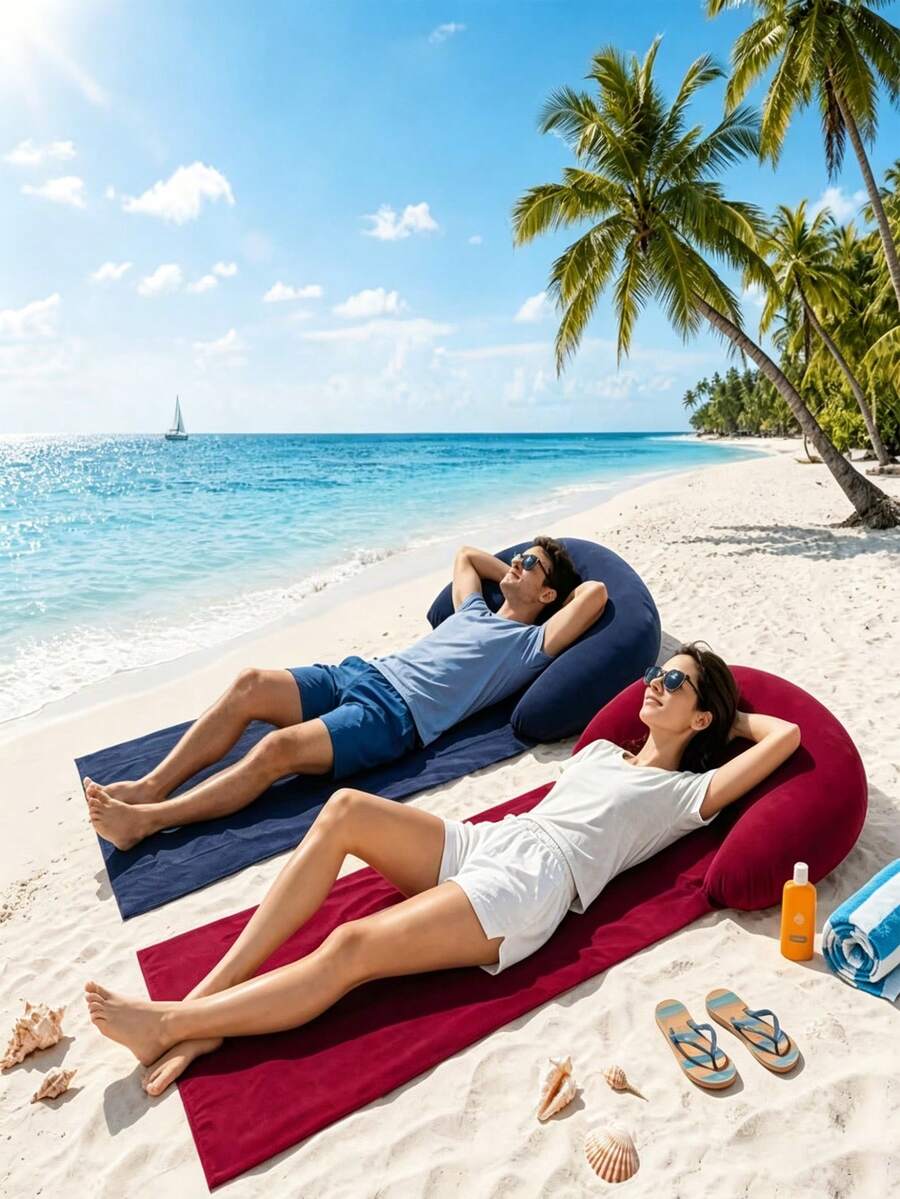 Inflatable Headrest Beach Mat,Foldable Inflatable Beach Mat, Suitable For Outdoor Camping, Portable Foldable Sandproof Suitable For Sunbathing, Picnic & Poolside Bed Pad, Adhesive Fiber Moisture-Resistant Mat For Travel For Use - Multicolor - View 1