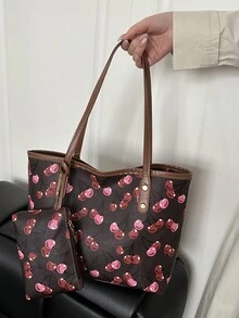 1件女款休閒通勤包，大容量新款極簡百搭單肩包，時尚小眾設計壓紋托特包，舒適獨特肩帶，適合大學生上課/購物/出遊/商場逛街/約會/度假 - 黑色 - 查看 2