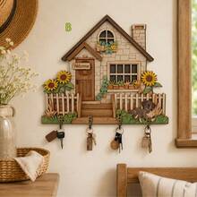 Estante de llaves vintage de estilo rústico con impresión plana 2D - Decoración para entrada, cocina, porche - Soporte de llaves con forma de casa de madera, adecuado para el hogar, la oficina - Fácil de colgar e instalar - Multicolor - Ver 9