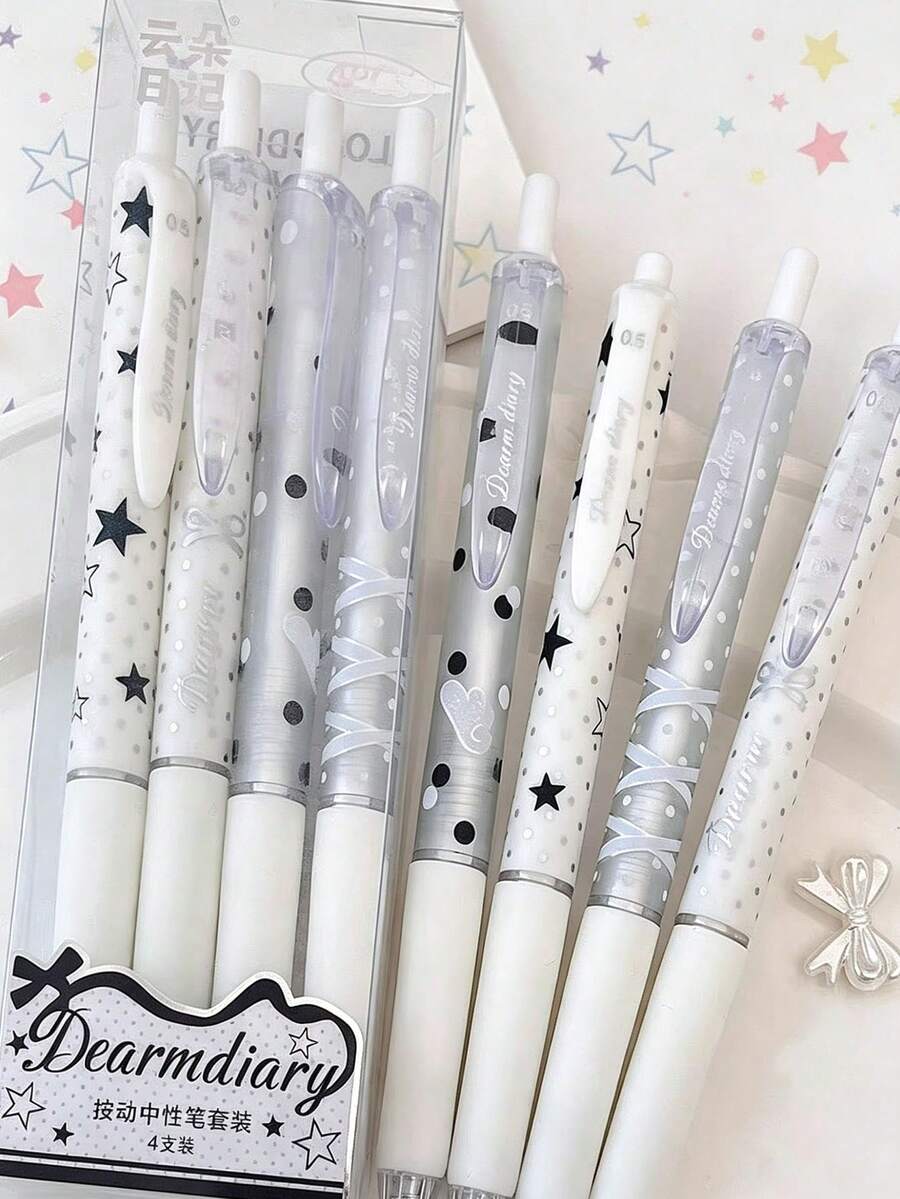 4支裝星星波點可伸縮凝膠筆套組,INS風銀白色緞帶印花可愛黑墨水筆,0.5mm快乾順滑書寫簽名筆,學生可愛文具,開學禮物,開學必備 - 彩色 - 查看 1