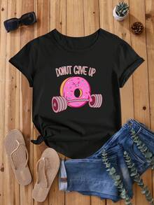 Donuts Never Give Up - Camiseta Casual Holgada de Verano con Estampado Divertido de Donuts - Negro - Ver 2