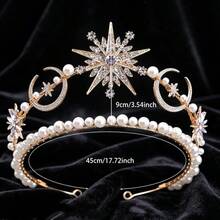 1pc Bridal Rhinestone Crown Pentagram Moon Tiara Faux Pearl Headpiece Party Evening Dress Decoration, Coronas - Multicolor - View 7