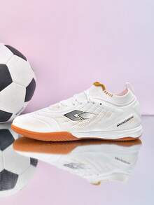1 Pair Professional Low-Top Flat Indoor Soccer Shoes, Retro Wave Pattern Patchwork Design, Lightweight Shock-Absorbing Outsole, Delicate Touch, Enhancing Agility And Directional Changes, Specifically Designed For 5-A-Side Football Matches - White - View 9